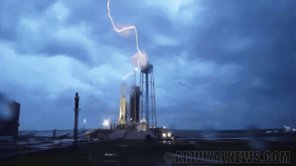 Lightning on the falcon heavy rocket launch pad