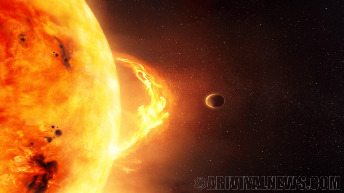 A solar cyclone swings in above the sun